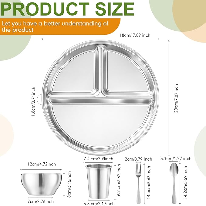 Jinei 30 Pcs Stainless Steel Dishes Set 6 Stainless Steel Plates 6 Bowls 6 Cups 6 Spoons 6 Forks Dishwasher Safe Durable Dining Set for Home Travel Camping (Tableware)