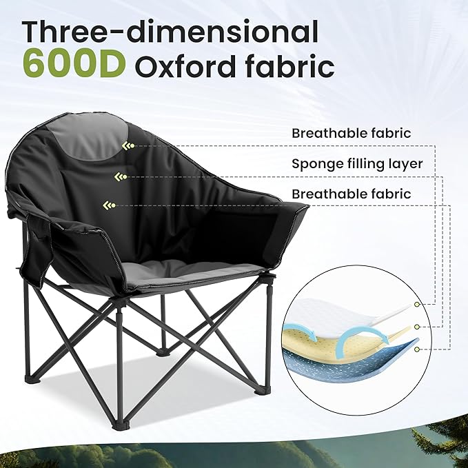 Oversized Camping Chair with Cup Holder &amp Carry Bag 500lbs Heavy Duty Moon Saucer Folding Chair for Outdoor Lawn Sports Patio Black