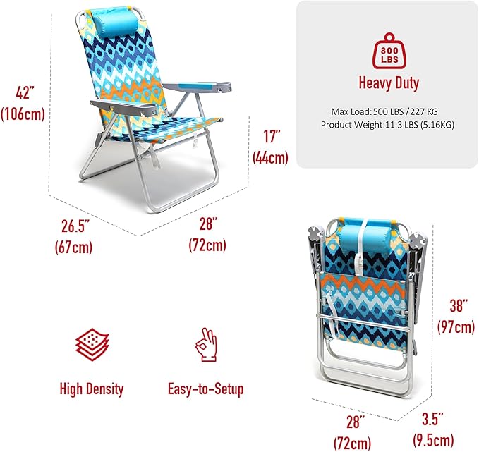 SUNNYFEEL Extra Wide 28 Folding Beach Chair 5 Position Lay Flat Portable 17 Tall Camping Chair with Cup Holder for Outdoor/Lawn/Trip/Picnic Lightweight Foldable Sand Chairs for Adults (Wave)