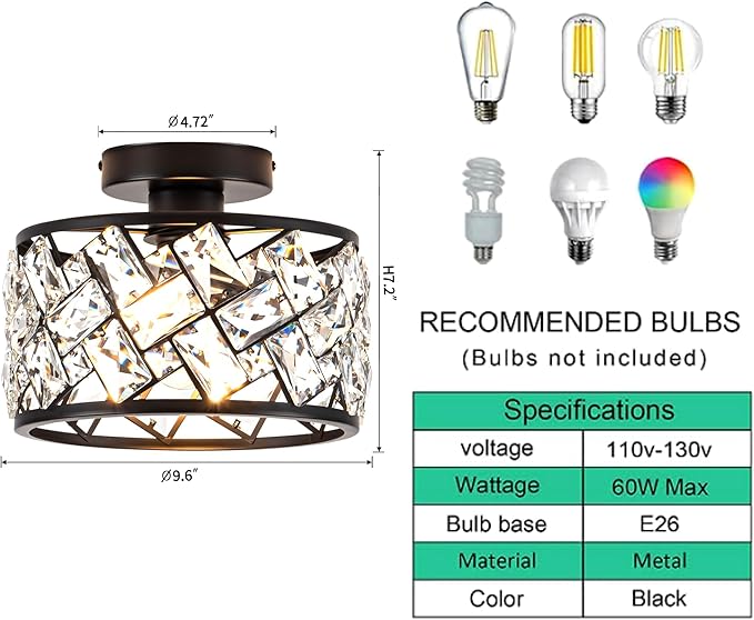 Crystal Ceiling Light Fixture Modern Semi Flush Mount Ceiling LightCrystal Chandelier for Kitchen Bedroom Bathroom Entryway Black Finish