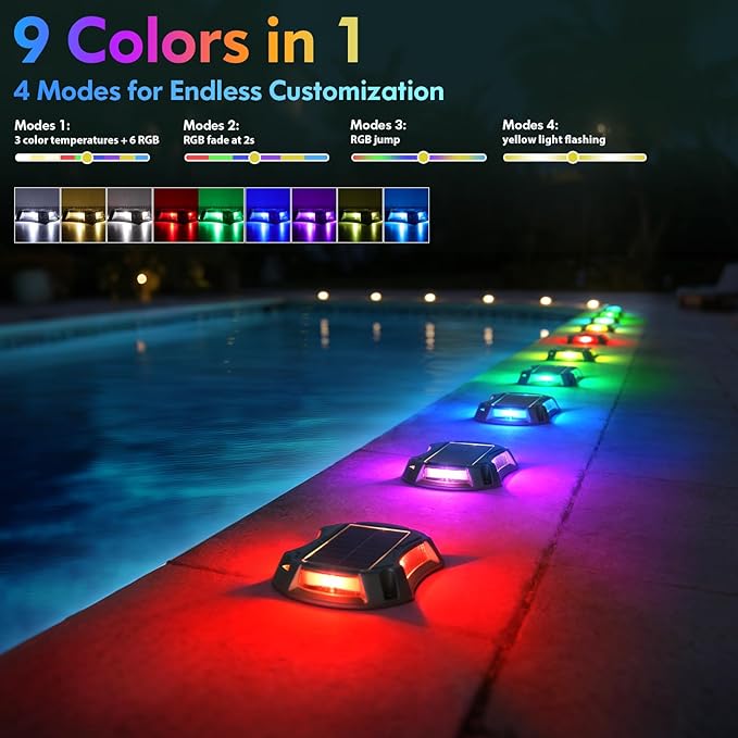 Bosceos Solar Driveway Lights Deck Dock Lights Outdoor 12 Pack 9 Colors in 1 Pathway Light Solar Powered Waterproof LED Marker Marine Light for Warning Driveway Sidewalk Pathway Walkway Step(RGB)
