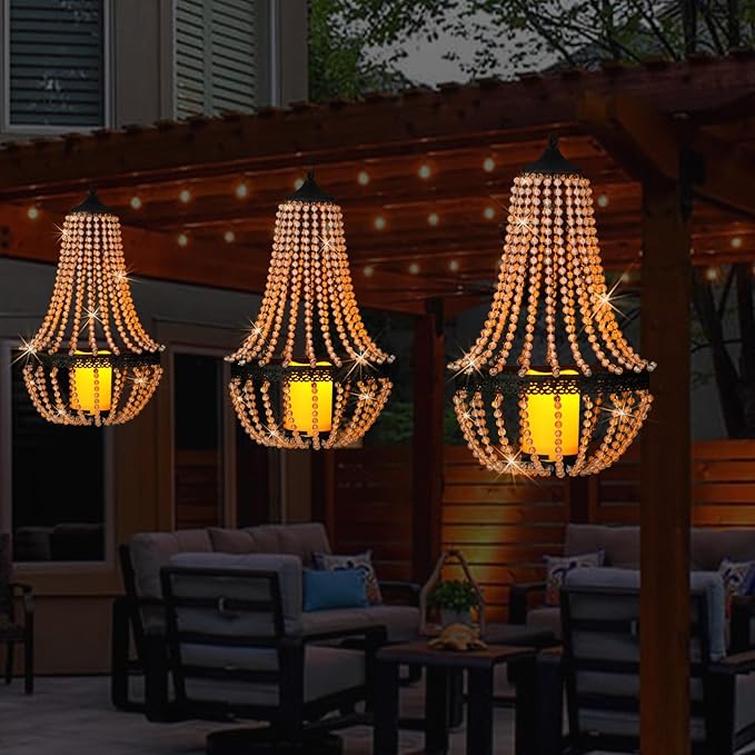 Hanging Candle Lantern Outdoor 27” Battery Operated Modern Clear Acrylic Crystal Chandeliers with Flickering Yellow Led Candle Light S Hooks for Garden Backyard Gazebo Room Indoor Indoor Decor