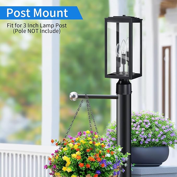 16.6'' Dusk to Dawn Post Light Outdoor Large 3-Light Lamp Post Light Fixture Modern Pillar Outside Lighting Waterproof Post Lantern Pole Lights for Porch 1 Pack (Not Include Mounting Base)