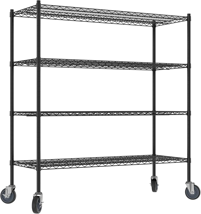 Commercial NSF Listed Black Epoxy Mobile Wire Shelving Kit 21 x 54 x 60 with 4 Shelves Perfect for Warehouse Walk-in Refrigerator Freezer Grocery Store Restaurant Dishroom