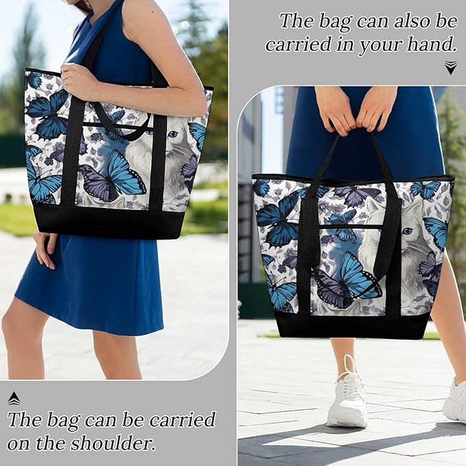 Insulated Shopping BagLarge Reusable Cooler Bags Blue Butterfly And White Cat Printed Foldable Shopping BagTravel Waterproof Shoulder Bag