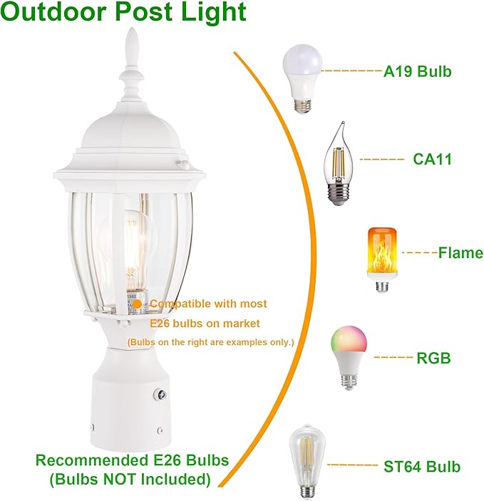 LIT-PaTH Dusk to Dawn Outdoor Post Lighting Fixture Pole Lantern E26 Medium Base Max 60W Aluminum Housing Plus Glass Bulb Not Included (White 1-Pack)