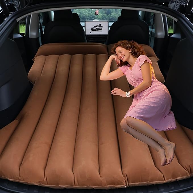 Car Air Mattress - Inflatable Camping Bed Compatible with Tesla Model Y Thickened Flocked AirBed for Trunk/Backseat/Sedan/SUV/RV Sleeping Pad with Pump and 2 Pillows for Camping Travel Outdoor Brown