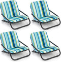 GYMAX Beach Chair 2 Pack 300LBS Low Beach Chair with Shoulder Strap Removable Cushion &amp Aluminum Frame Folding Reclining Beach Chair Heavy Duty Portable Beach Chair for Adults (2 Blue Stripe)