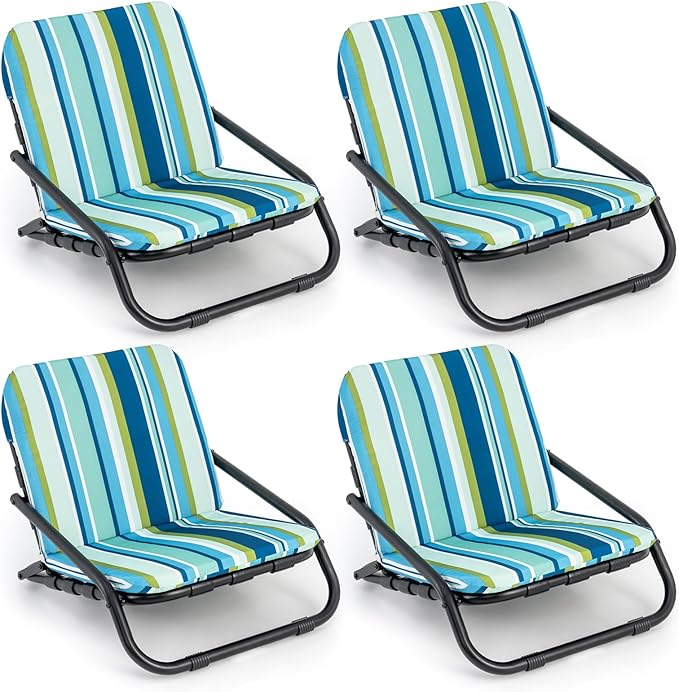 GYMAX Beach Chair 2 Pack 300LBS Low Beach Chair with Shoulder Strap Removable Cushion &amp Aluminum Frame Folding Reclining Beach Chair Heavy Duty Portable Beach Chair for Adults (2 Blue Stripe)