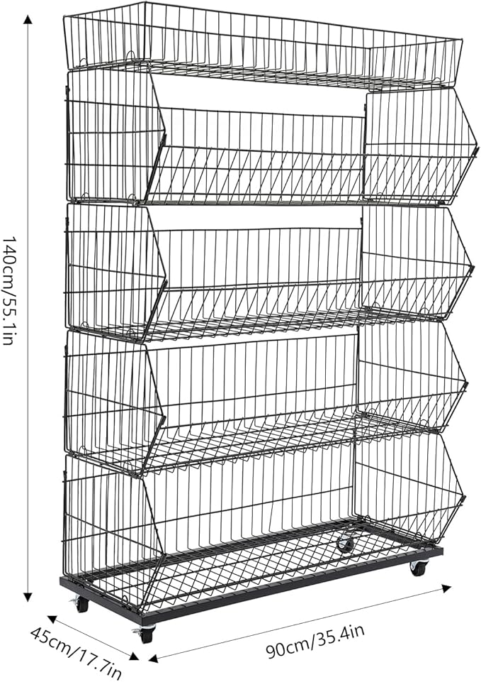 5-Shelf Retail Display Wire Shelving with Wheels and Hook Heavy-duty Metal Snack Display Organizer Retail Shelf for Supermarket Grocery Store Home Kitchen