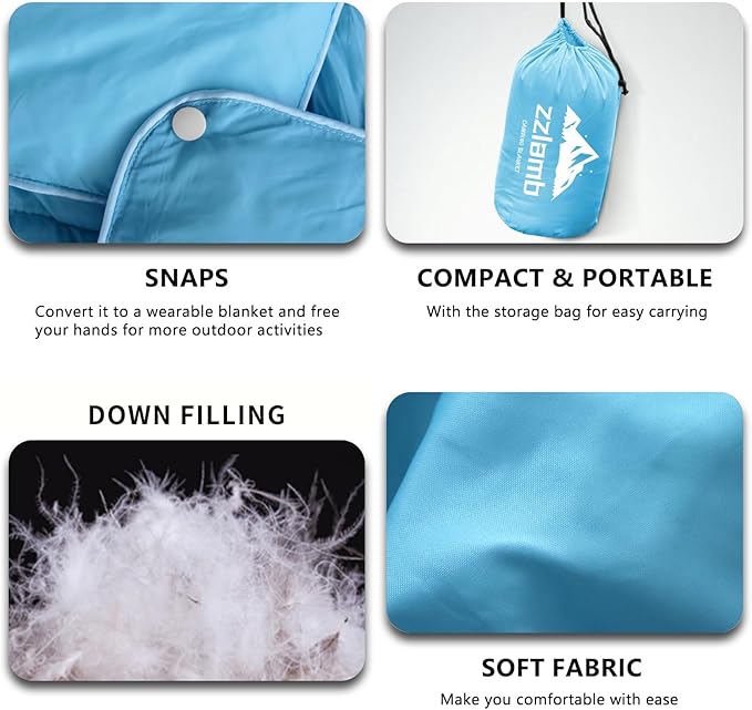 zzlamb Puffy Down Camping Blanket Water-Repellent Down Throw Travel Blanket Portable for Outdoor Light Warm Quilt for Couch Plane Car Theater Stadium Picnic RV Backpacking Hammock