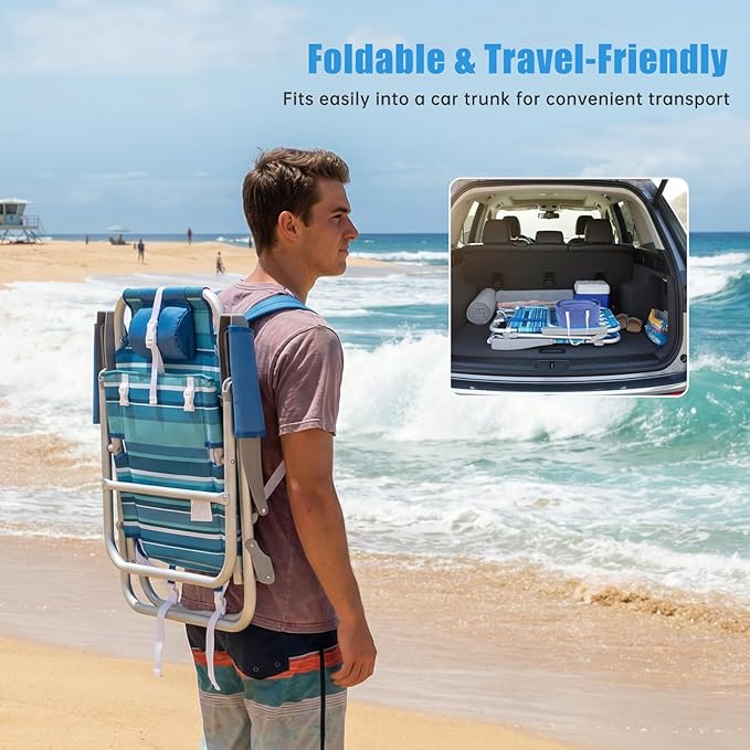 SUNNYFEEL Beach Chairs for Adults 2 Pack 5 Position Lay Flat Portable Folding Backpack Beach Chair Heavy Duty with Cooler Bag Cup Holder for Outdoor/Lawn/Picnic Foldable Camping Chair