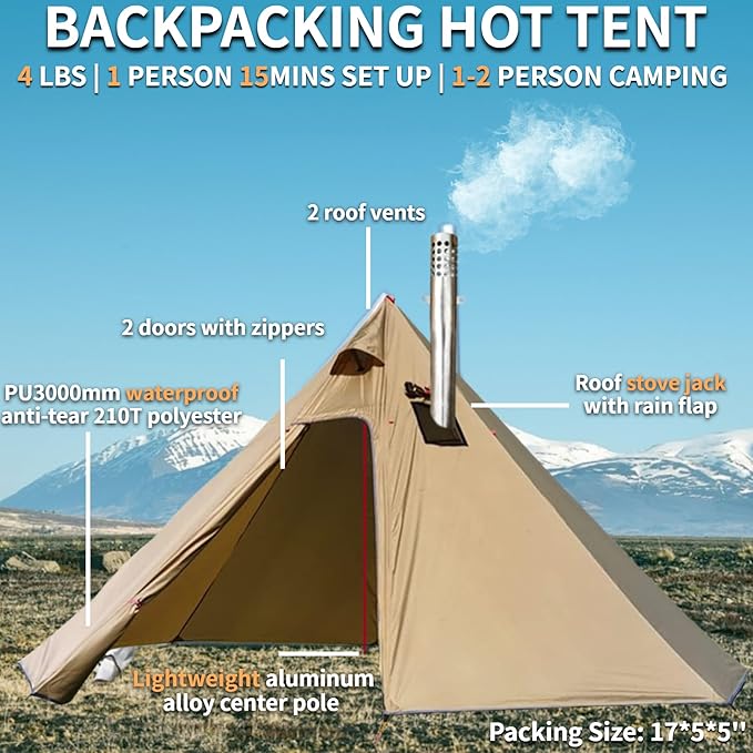 DANCHEL OUTDOOR Backpacking Hot Tent w/Stove Jack Portable Tipi Tent with T6 Titanium Folding Wood Stove for 1-4 Person Winter Camping Hunting3m/4m