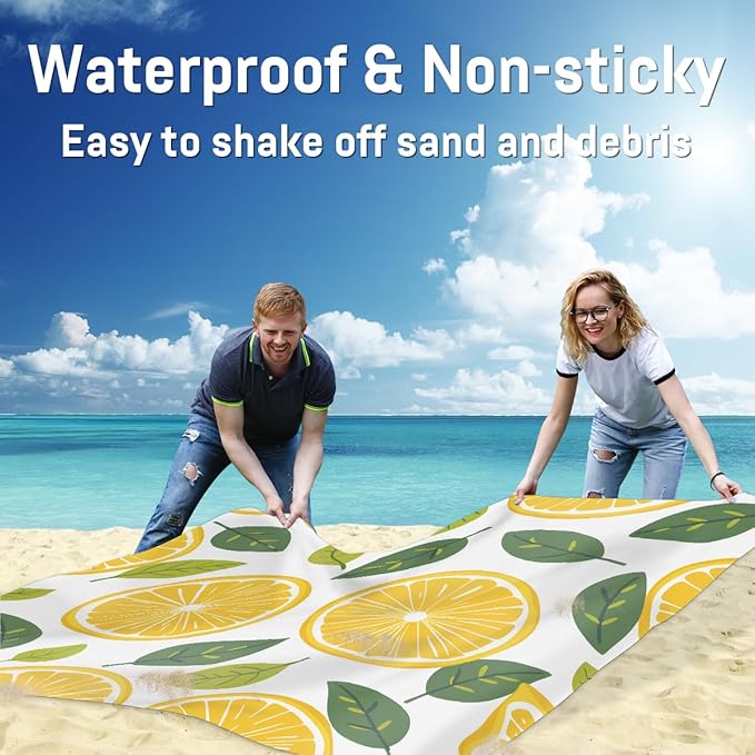 Waterproof Sandproof Beach Blanket 59''×68'' Lemon Slices Polyester Outdoor Picnic Blanket with 4 Stakes &amp Storage Bag for BeachCampingVacation Melon Yellow