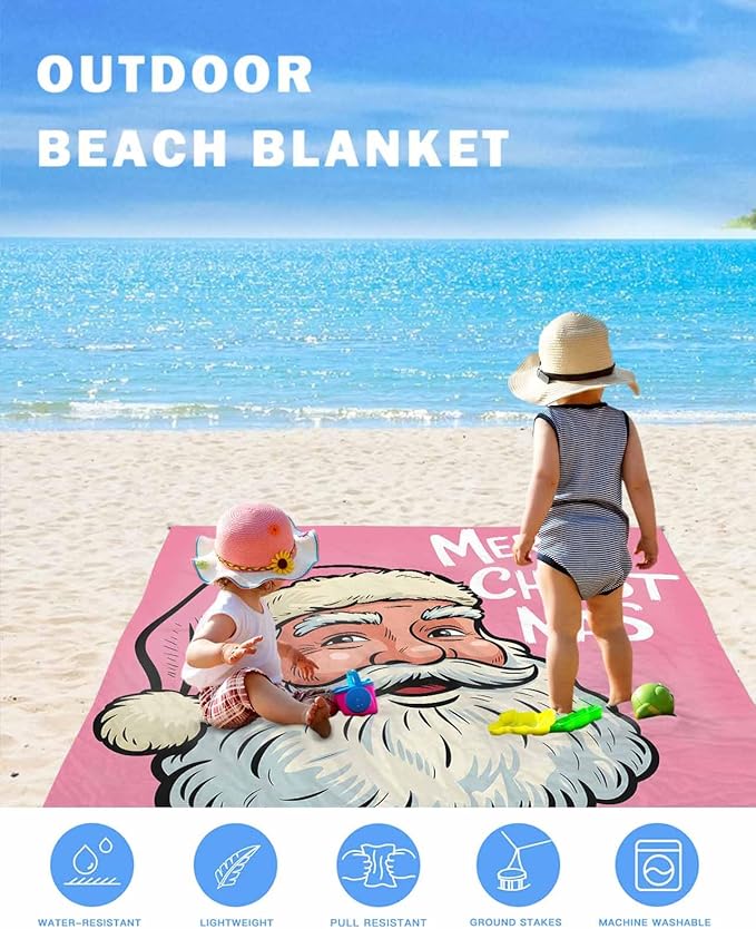 Beach Blanket Waterproof Sandproof Oversized Merry Christmas Words on Pink Beach Mat with Corner Stakes Sand Pockets Funny Santa Claus Outdoor Picnic Mat for Travel Camping Hiking 95x80In