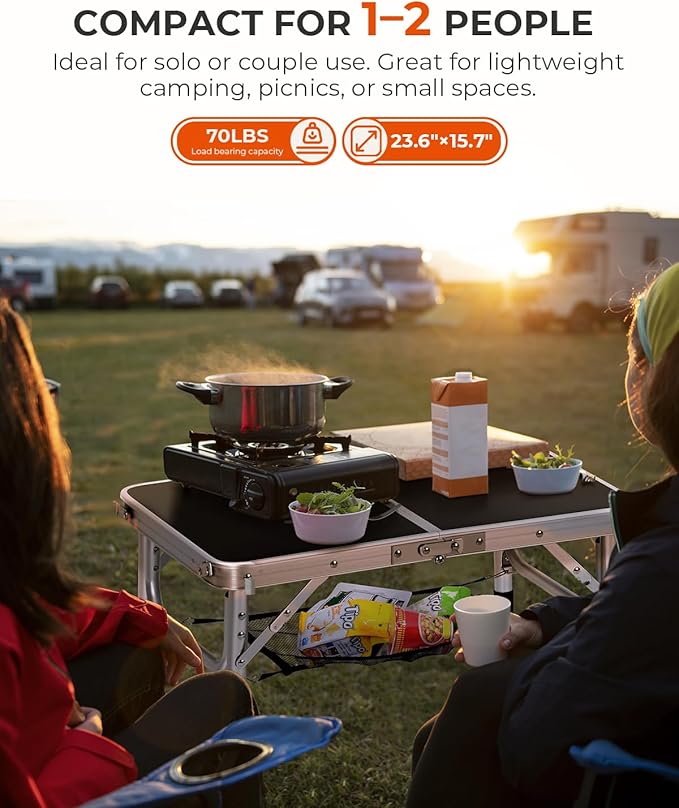 Sportneer Camping Table: Adjustable Height Small Folding Table 23.6 L x 15.7 W 4 Height with Mesh Layer - Compact &amp Portable Camping Essentials for Outdoor Camp Garden Picnic BBQ Dining Cooking