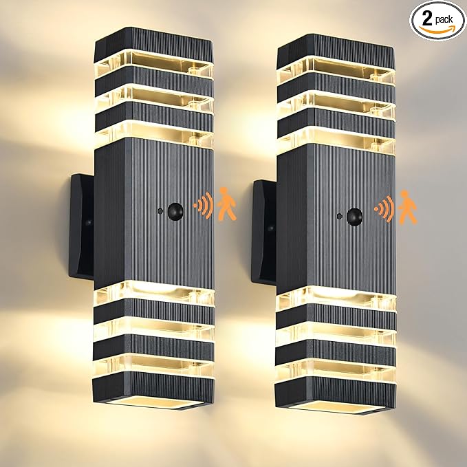 DASTOR Motion Sensor Outdoor Wall Lights 2 Pack Dusk to Dawn Outdoor Lighting 3-Layer Exterior Porch Light Fixtures Up and Down Outside Lights for House Garage