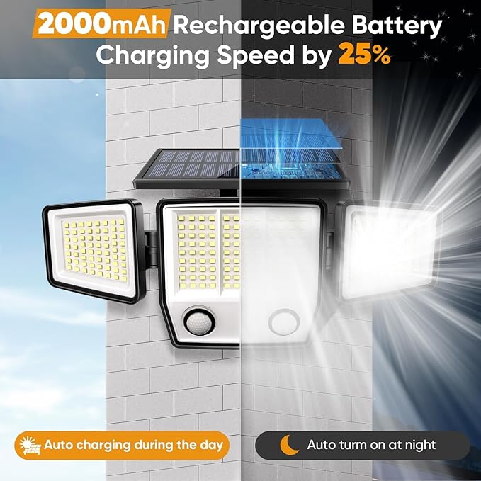 Solar Motion Sensor Outdoor Lights Waterproof - 3000LM 3 Modes Security Lights Outdoor 270° Illumination IP65 LED Solar Flood Wall Light for Garden Yard Patio Pathway (with Stakes 1)