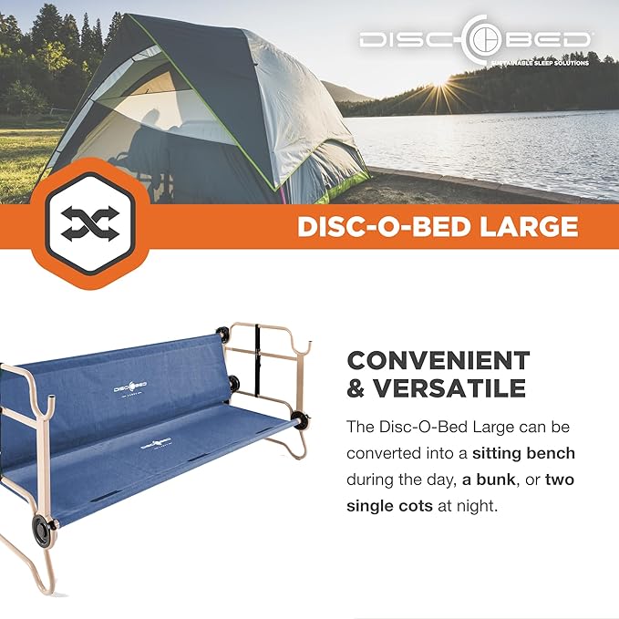 Disc-O-Bed Large Outdoor Convertible 2 Person Bench and Double Camping Cot Portable Bed Bunk System for Adults Navy