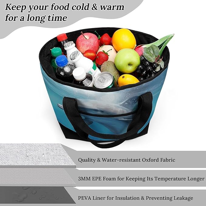 Insulated Shopping BagLarge Reusable Cooler Bags Winter The Dolphin Printed Foldable Shopping BagTravel Waterproof Shoulder Bag