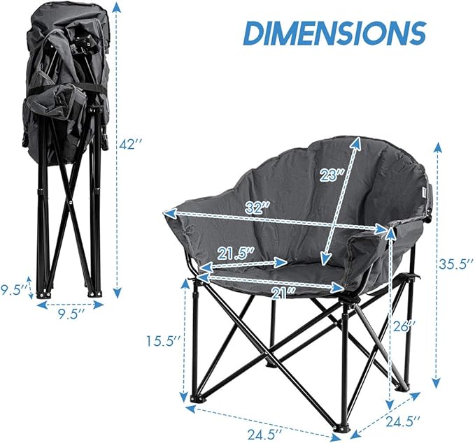 S AFSTAR 2 Packs Oversized Camping Chair Cushion Padded Moon Round Saucer Chair w/Cup Holder &amp Carry Bag Portable Camp Chair Outdoor Folding Chair for Patio Beach Picnic (Grey)