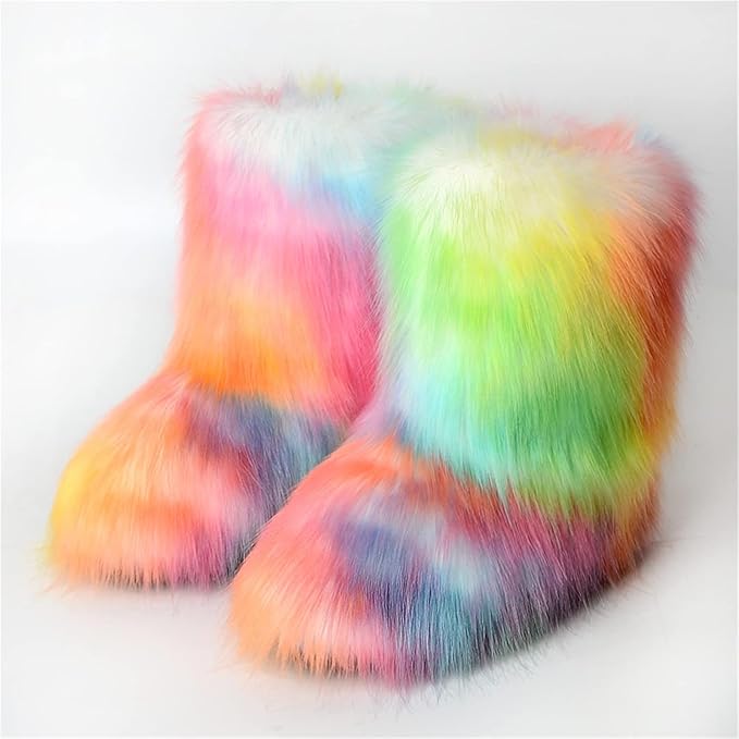 Womens Furry Faux Fur Booties Winter Warm Snow Ankle Boots Fuzzy Fluffy Furry Mid Calf Boots Outdoor Comfy Flat Shoes