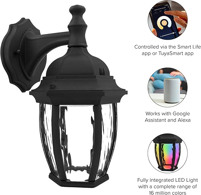 Maxxima Luvoni Smart WiFi LED Outdoor Wall Light Black w/Clear Water Glass App Controlled Porch Lantern 850 Lumens CCT 2700K - 6500K Dimmable Works with Google Home/Alexa