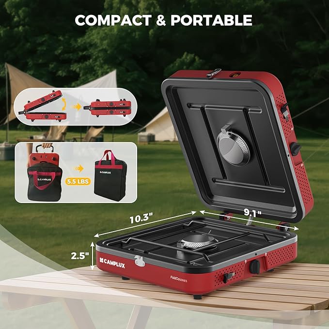 CAMPLUX FoldGo 2 Burner Portable Camping Stove 17200 BTU Foldable Propane Stove for Outdoor Cooking with Carry Bag Portable Gas Stove with 2 Adjustable Burners Red