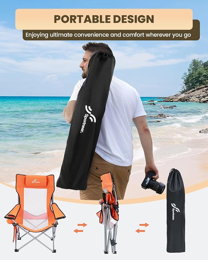 Sportneer Beach Chair: Adjustable Folding Chair with Cup Holder &amp Side Pocket - Portable &amp Compact Beach Chairs for Adults with Reclining Positions for Camping Picnic and Outdoor Orange