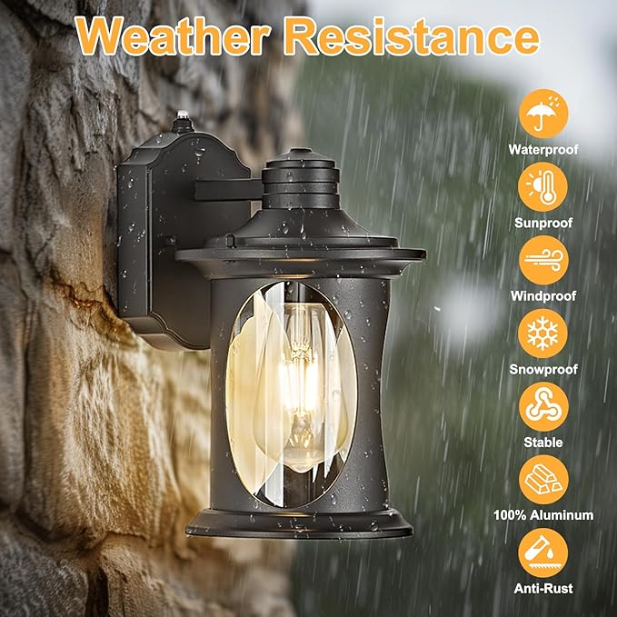 OKELI 2-Pack Dusk to Dawn Outdoor Wall Lights Black Exterior Lighting Fixture Wall Sconces with E26 &amp Tempered Glass Rust Resistant Outside Lantern Lights Wall Mounted for Porch