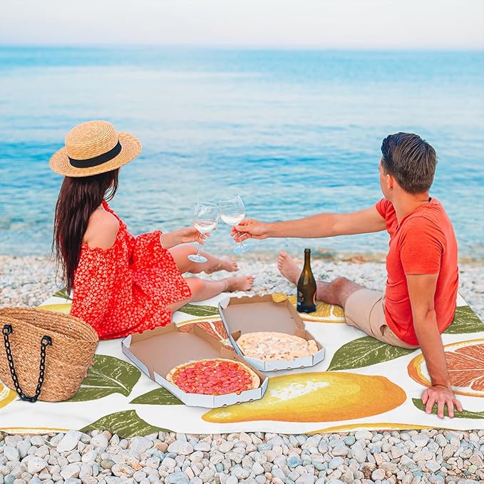 Waterproof Sandproof Beach Blanket 59''×68'' Rose Orange Polyester Outdoor Picnic Blanket with 4 Stakes &amp Storage Bag for BeachCampingVacation White