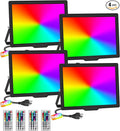 100W LED Flood Light with Remote &amp 6.6Ft Cable Christmas Floodlight RGB IP66 Waterproof Color Changing 5000K White Daylight Timing Waterproof Landscape Light Outdoor Uplight for Event 4 Pack