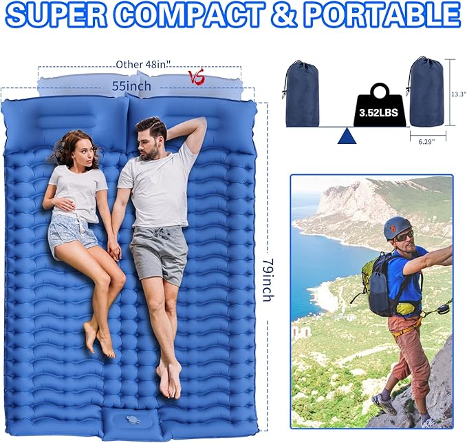 Double Camping Sleeping Pad 4 Inch Thickness Ultra-Portable Easy Inflation No Mouth Blowing Needed
