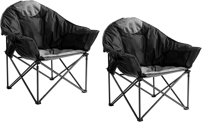 Oversized Camping Chair 2 PCS Padded Moon Saucer Chair with Cup Holder &amp Carry Bag Heavy Duty 500lbs Capacity Folding Outdoor Lounge Chair for Lawn Patio Sports - Black &amp Gray