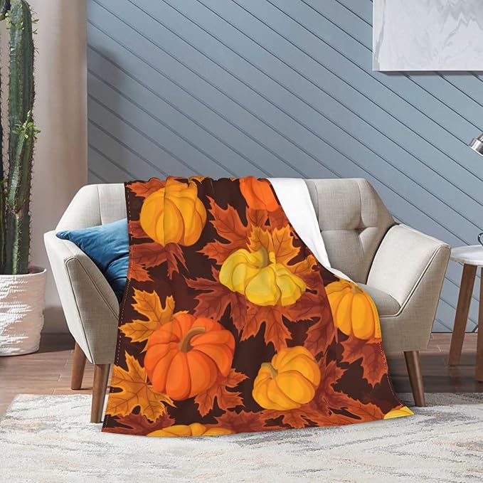 60X50 Fall Pumpkin Lightweight Flannel Blanket - Soft and Breathable Polyester Suitable for Travel Camping and Home Decoration