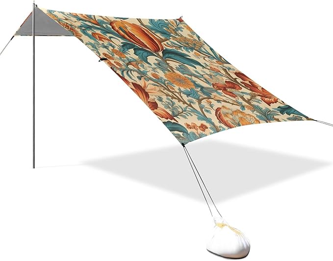 Beach Tent Sun Shelter Retro Blue-Orange Flowers Lightweight &amp Easy Setup Beach Shade Canopy for Camping Fishing