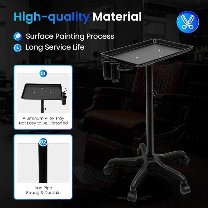 Salon Rolling Tray Adjustable Hairstylist Rolling Tray with WheelsPremium Aluminum Tattoo TraySuitable for spa Hairstylist Salon Trolley cart with Wheels