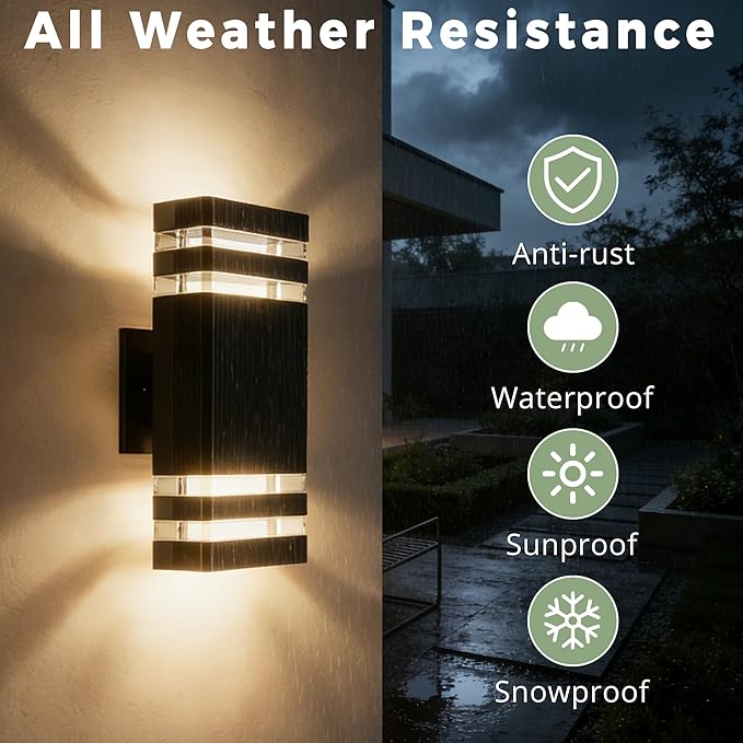 Dusk to Dawn Outdoor LightingSquare Aluminum Up and Down Exterior Lighting Fixtures Wall Mount with 2 * 7W LED Bulbs 3000K Waterproof Outdoor Wall Lights for House Porch Patio Garage Black
