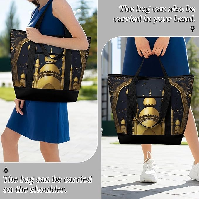 Insulated Shopping BagLarge Reusable Cooler Bags Eid Golden Mosque Printed Foldable Shopping BagTravel Waterproof Shoulder Bag