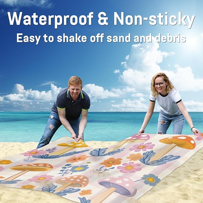 Waterproof Sandproof Beach Blanket 59''×68'' Fungal Mushrooms Polyester Outdoor Picnic Blanket with 4 Stakes &amp Storage Bag for BeachCampingVacation Flower