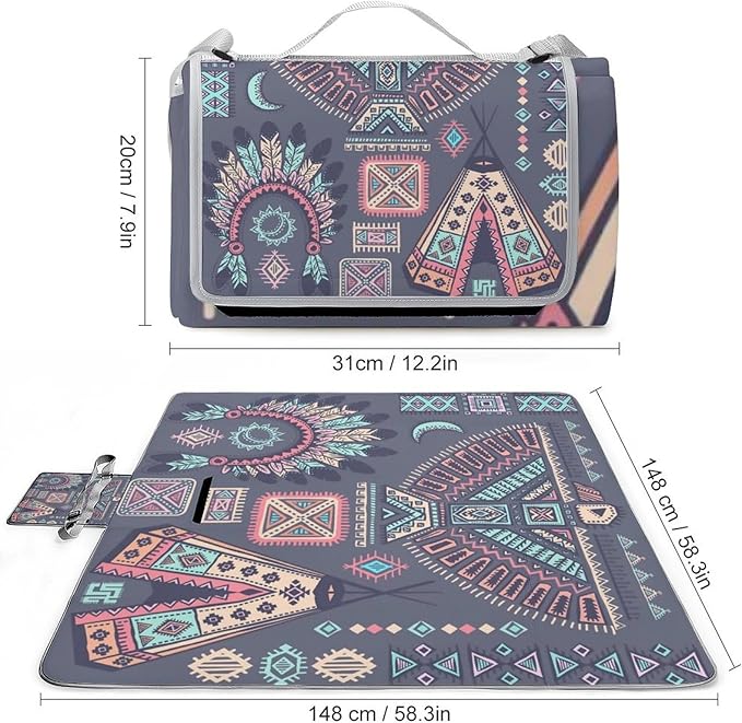 Tribal Native American Eagle Symbols Waterproof Outdoor Picnic Blanket Sandproof Beach Mat for Camping Hiking Grass Travelling