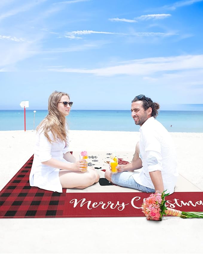 Beach Blanket Waterproof Sandproof OversizedCartoon Christmas Gnome Snowflakes Beach Mat with Corner Stakes Sand PocketsRed and Black Plaid Outdoor Picnic Mat for Travel Camping Hiking 95x80In