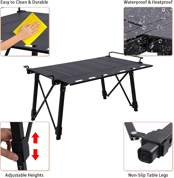 Aircity Folding Camping Table Portable Folding Aluminum Table with Adjustable Height for BBQ Camping Picnic Beach Travel and Outdoor Cooking