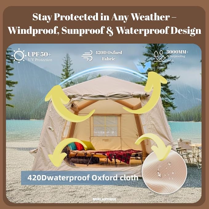 Easy Setup Inflatable Camping Tent Waterproof 4 Season Air Tent with Hand Pump Oxford Glamping Tent for 4/6/8 Adults