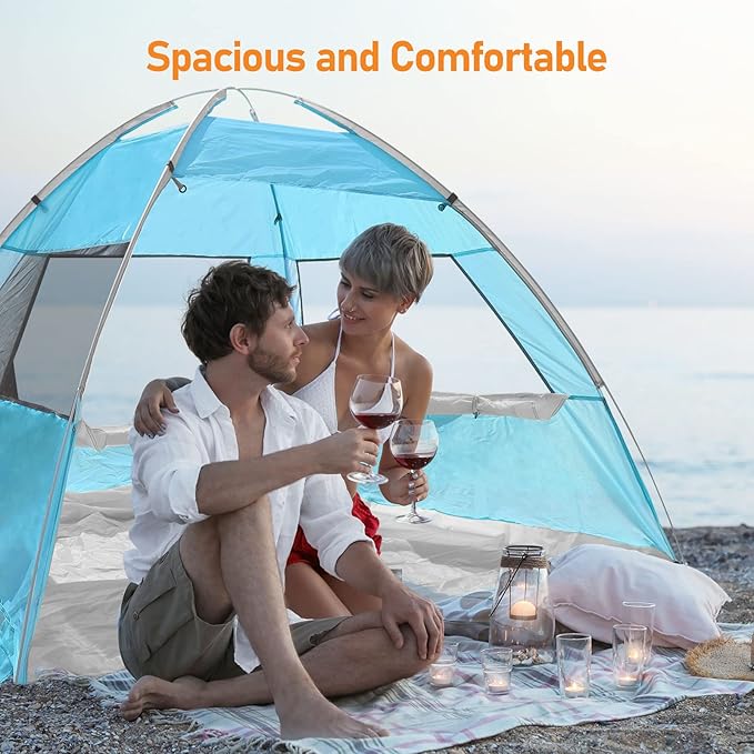 2 Person Pop Up Beach Tent Anti-UV Beach Shelter Easy Step Up 3 Mesh Windows and 6 Sandy Bags Keep Your Beach Trip Cool(Light Blue)