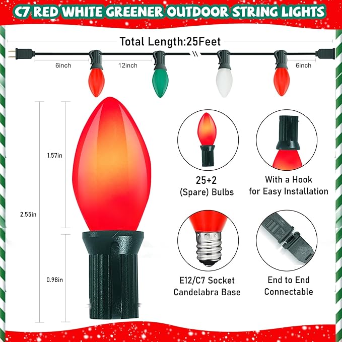 C7 LED Christmas String Lights 25FT Vintage Multicolor Lights with 27 Red/Green/White Ceramic LED Bulbs Outdoor String Lights for Christmas Tree Party Backyard - Green Wire