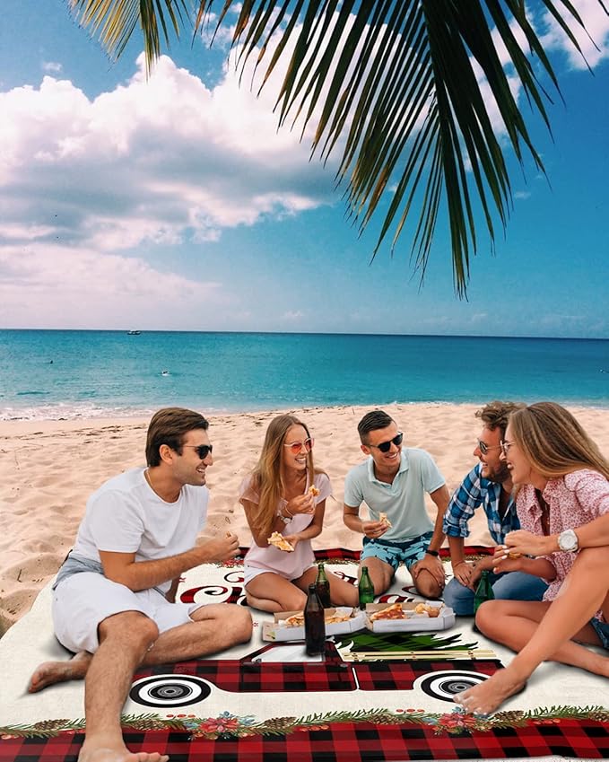 Beach Blanket Waterproof Sandproof OversizedChristmas Red Buffalo Check Farm Truck Trees Beach Mat with Corner Stakes Sand PocketsWinter Snowflake Flower Berries Picnic Mat for Travel 83x79In