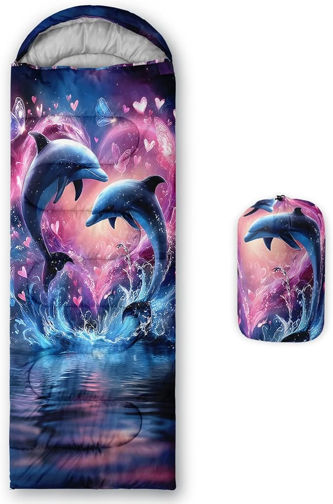 AILONEN Pink Flamingo Sleeping Bag for Kids GirlsWarm and Cool WeatherLightweightWaterproof BackpackingTropical Flamingo Theme Palm Leaves Sleeping Bag for Camping