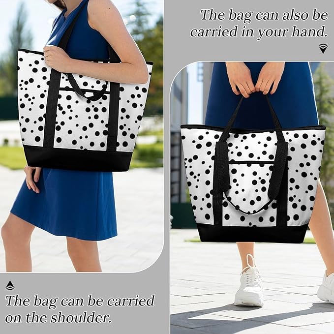 Insulated Shopping BagLarge Reusable Cooler Bags Black And White Polka Dot Printed Foldable Shopping BagTravel Waterproof Shoulder Bag