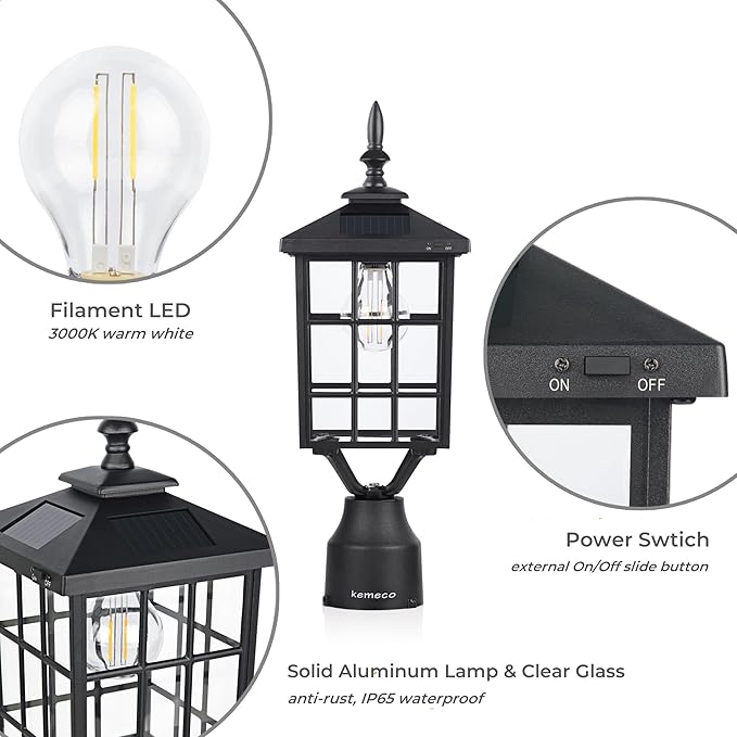 Kemeco ST4224Q-A Solar Post Light Outdoor Landscape Led Squared Frame Fixture with 3 Pier Mount Base for Garden Street Post Pole Yard Driveway Entryways (Black)